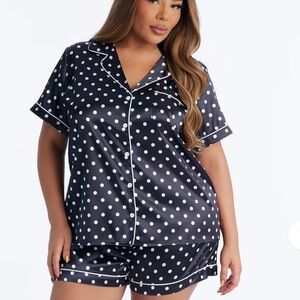 Fashionova- Polka Dot Satin Pajama Set - Black and White